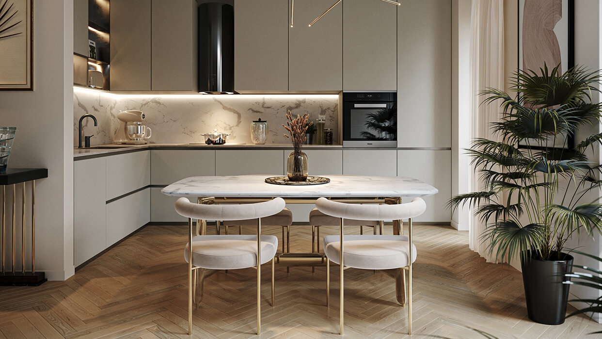 Interno moderno e luminoso di un appartamento, con cucina elegante e zona pranzo.
