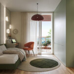 Interno di una camera da letto moderna e luminosa con dettagli eleganti.