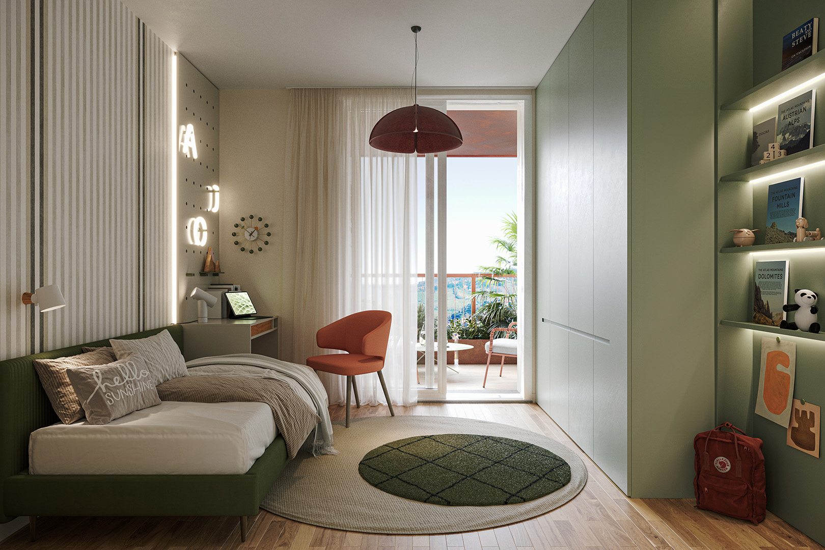 Interno di una camera da letto moderna e luminosa con dettagli eleganti.
